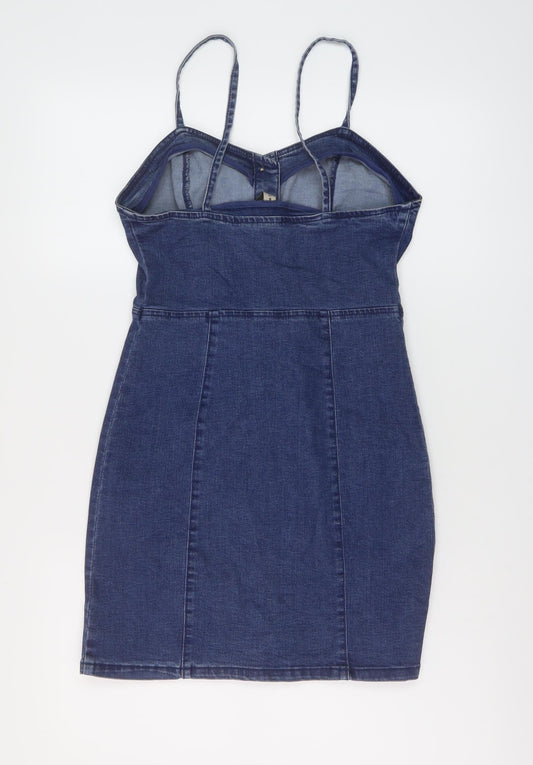 Denim & Co. Womens Blue Cotton Mini Size 8 Sweetheart Button