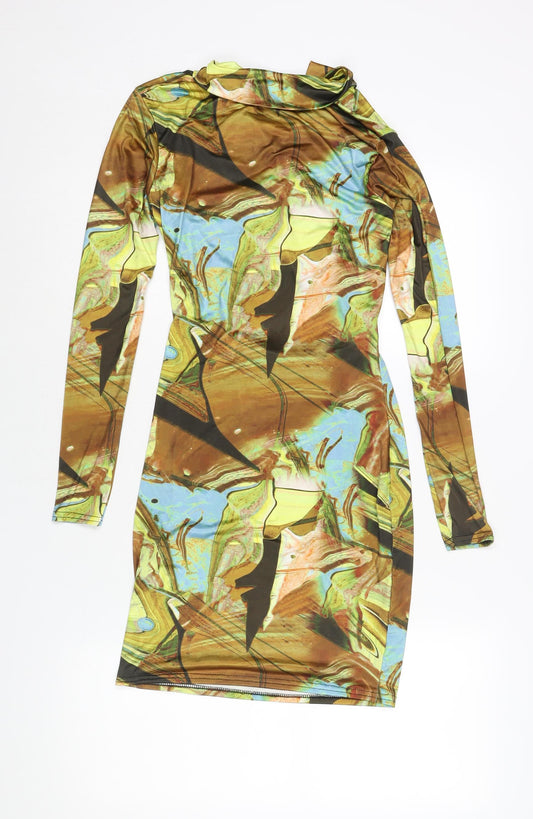 PRETTYLITTLETHING Womens Multicoloured Geometric Polyester Bodycon Size 10 Collared Button - Cut Out Detail Marble Print