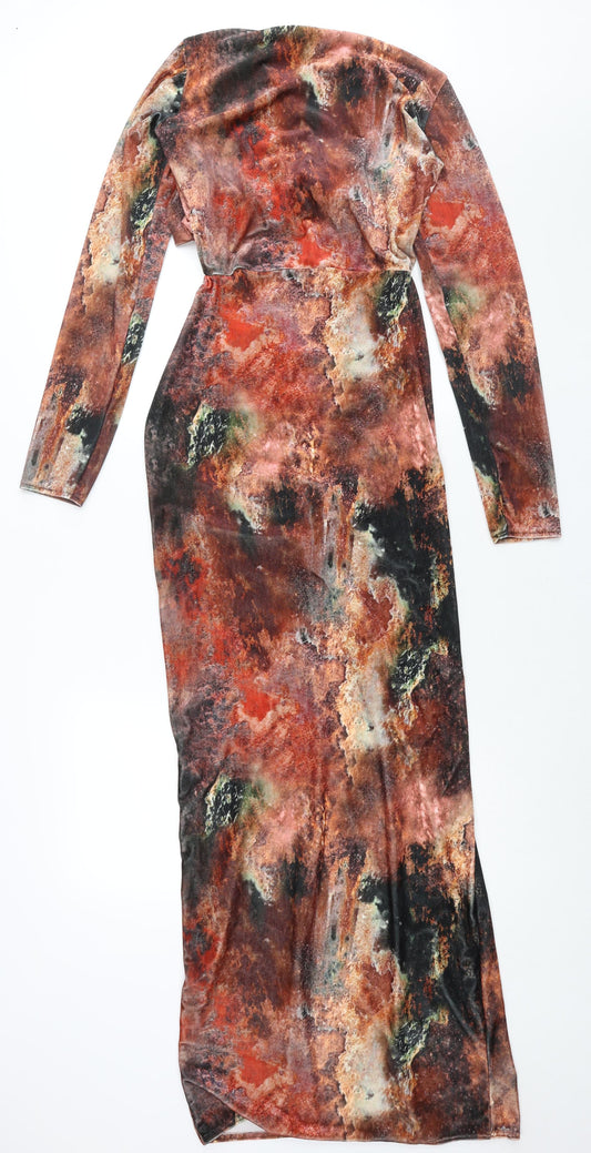 PRETTYLITTLETHING Womens Multicoloured Geometric Polyester Maxi Size 14 V-Neck Pullover - Twist Detail Cut Out Rouched Marble Print