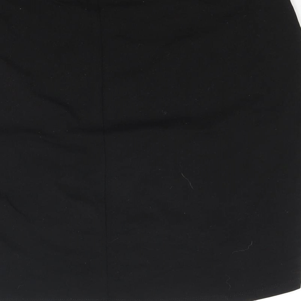 Brand and care label for ASOS women’s black cotton bandage skirt, size UK 14, - hi-low