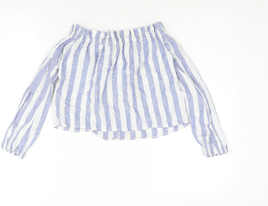 Miss Selfridge Womens Blue Striped Linen Basic Blouse Size 4 Off the Shoulder - Button Detail