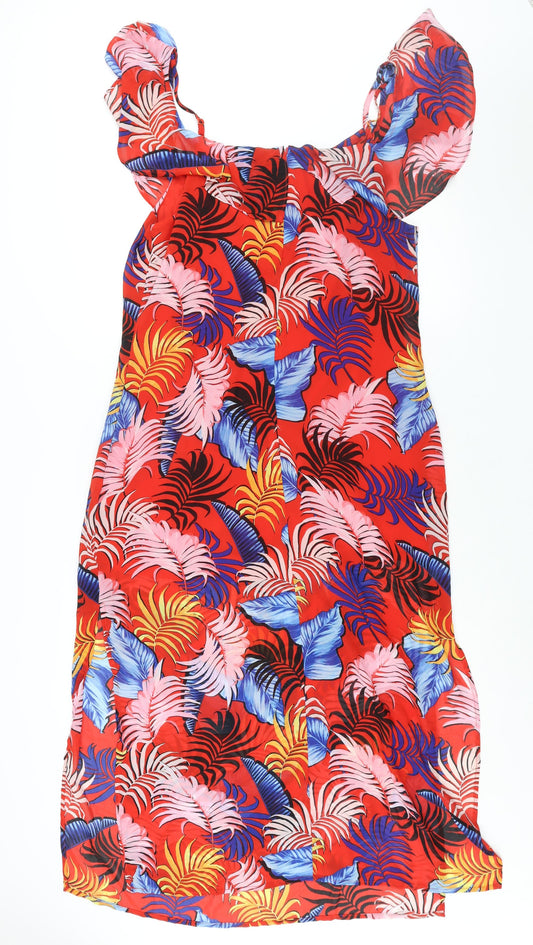 New Look Womens Multicoloured Geometric Polyester Maxi Size 16 Scoop Neck Zip - Side Slits Frill Leaf Print