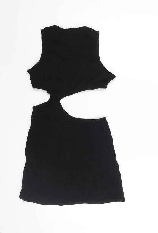 PRETTYLITTLETHING Womens Black Polyester Mini Size 10 Round Neck Pullover - Cut Out Waffle