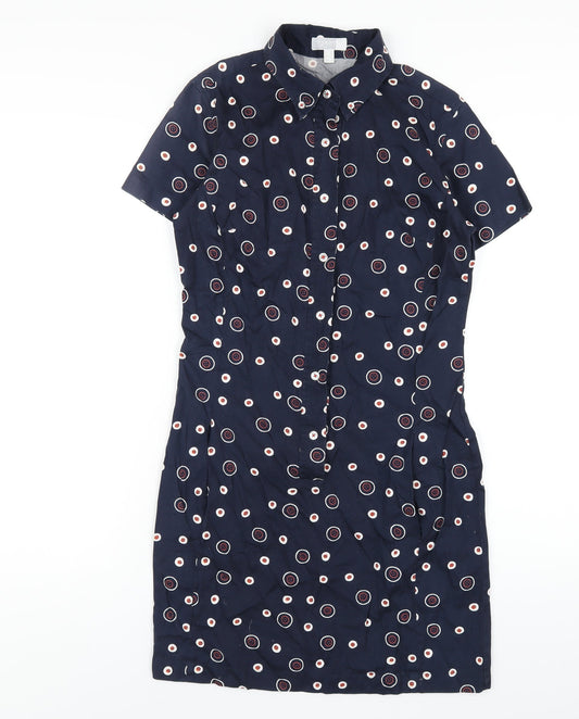 Additional front view of ESPRIT women’s blue geometric cotton shirt dress, size UK 12, collared button