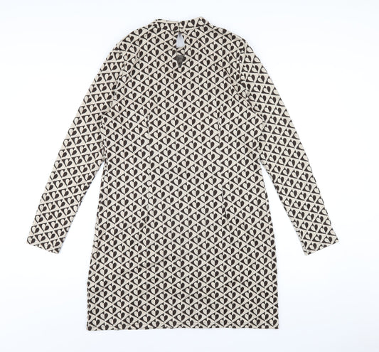 New Look Womens Beige Geometric Polyester Bodycon Size 12 Mock Neck Button
