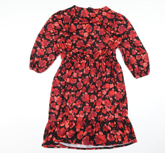 Roman Womens Red Floral Polyester A-Line Size 10 Round Neck Pullover