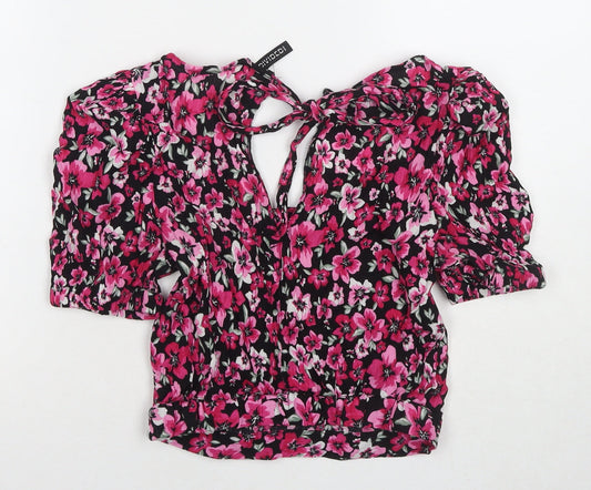 Divided by H&M Womens Pink Floral Viscose Cropped T-Shirt Size 8 V-Neck