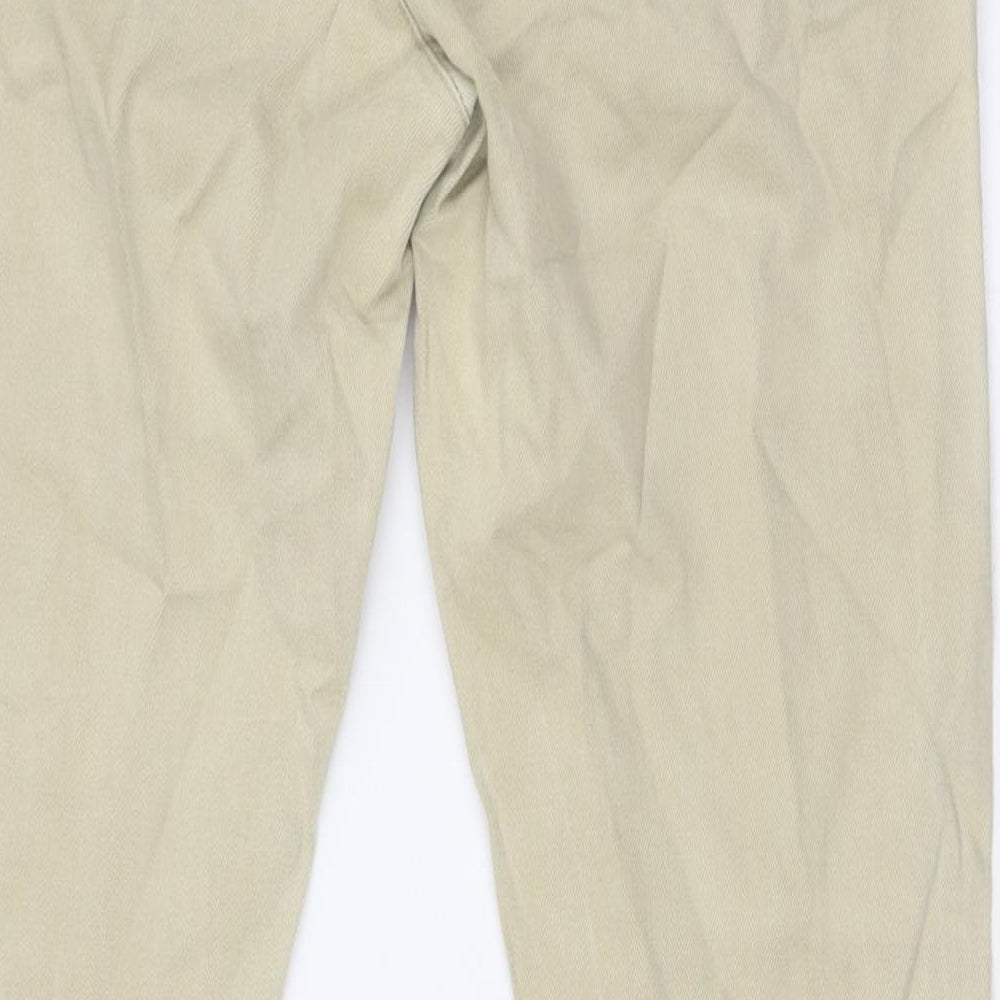 Brand and care label for ASOS men’s beige cotton straight jeans, size 32, in, 31-inch leg regular button