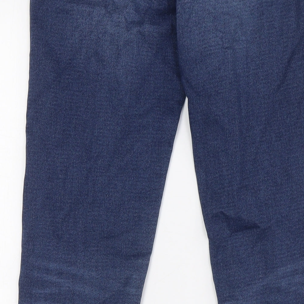 Brand and care label for ESPRIT women’s blue cotton skinny jeans, size UK 27, in, 32-inch leg slim button