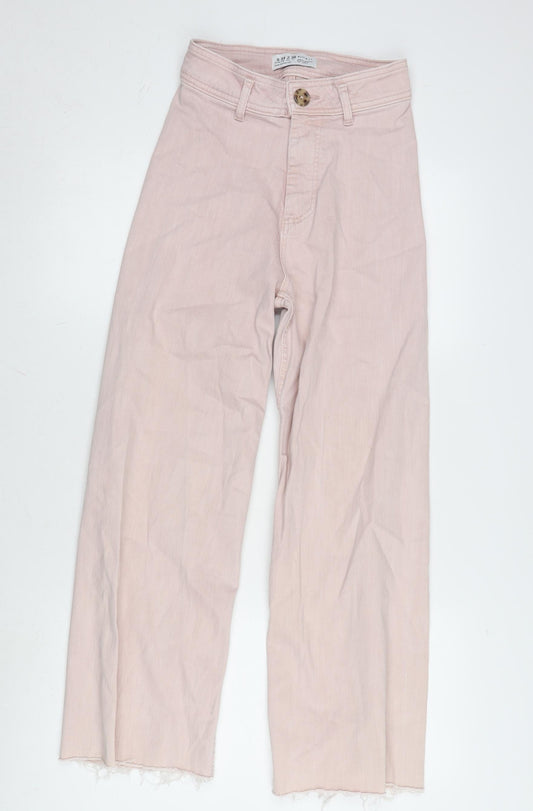 Additional front view of Denim & Co. women’s pink cotton blend wide-leg jeans, size UK 6, 26.5-inch leg regular zip