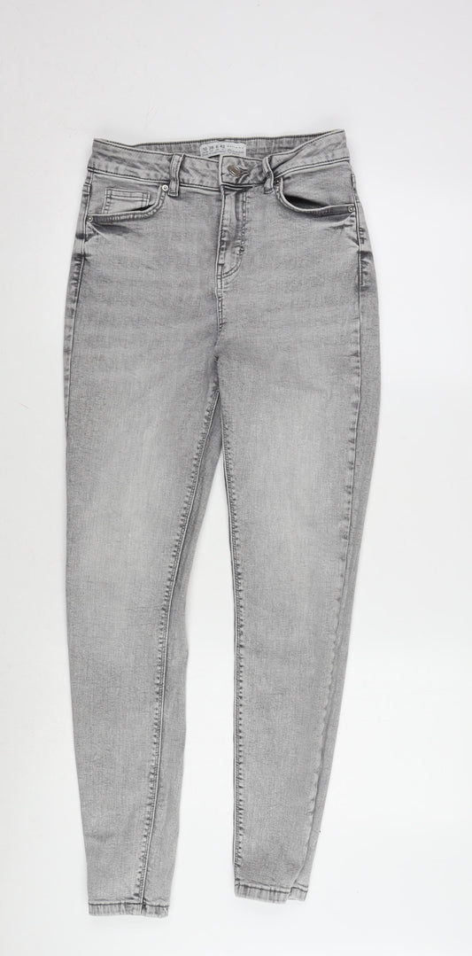 Additional front view of Denim & Co. women’s grey cotton blend tapered jeans, size UK 10, 28-inch leg regular zip