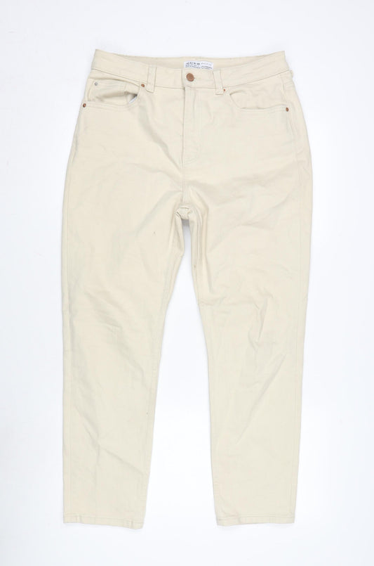Additional front view of Denim & Co. women’s beige cotton blend straight jeans, size UK 14, 27-inch leg regular zip