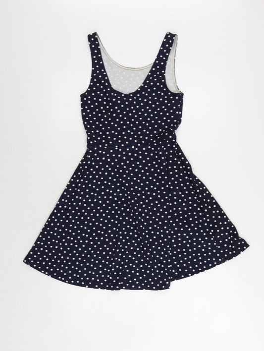 H&M Womens Blue Polka Dot Polyester Skater Dress Size 8 Scoop Neck Pullover