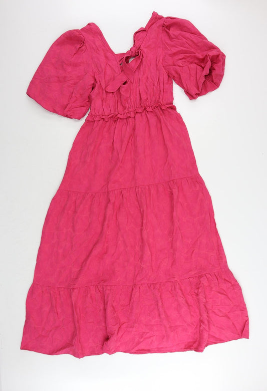 Marks and Spencer Womens Pink Viscose Maxi Size 8 Square Neck Tie - Tiered