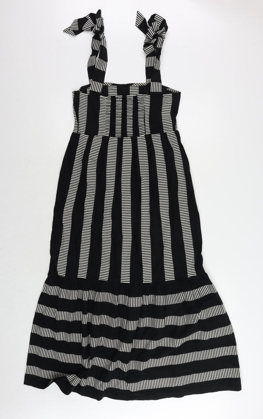 Marks and Spencer Womens Black Striped Cotton Maxi Size 8 Square Neck Pullover - Shirred Back