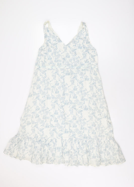 BHS Womens White Floral Cotton Shift Size 18 V-Neck Drawstring