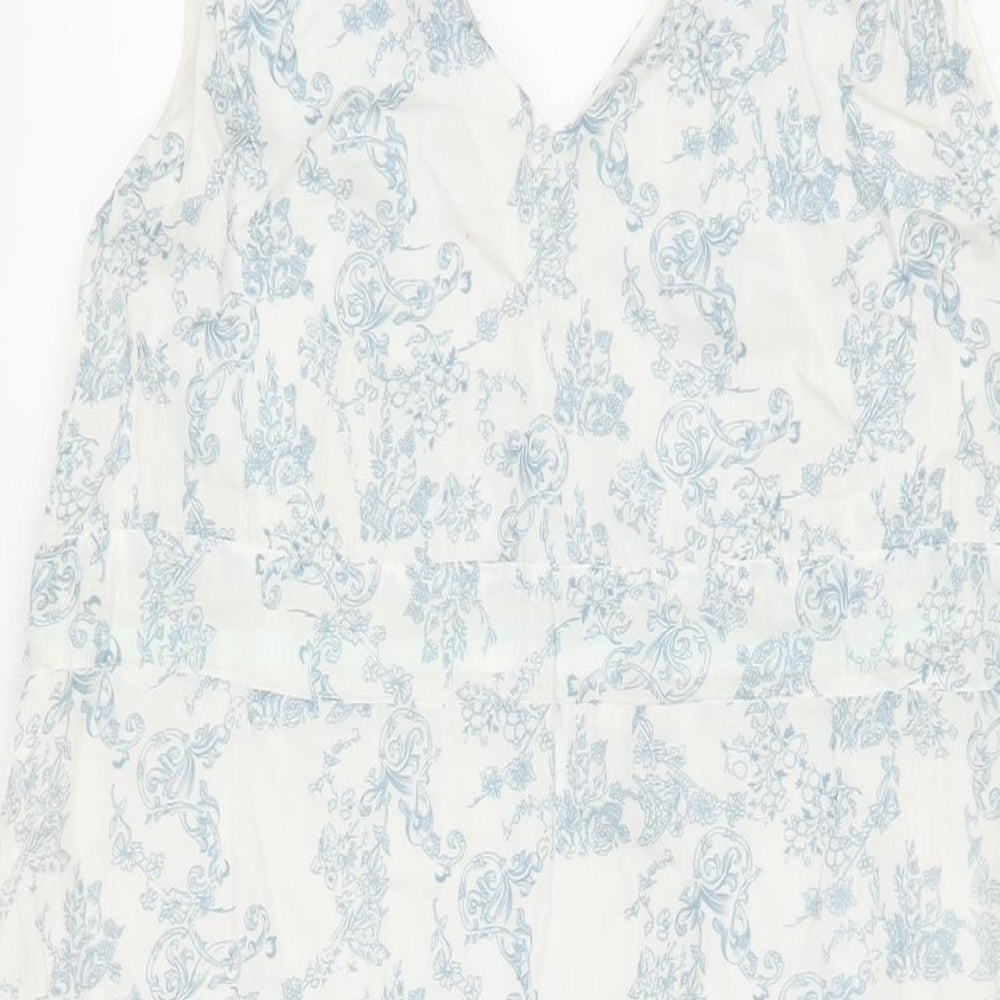 BHS Womens White Floral Cotton Shift Size 18 V-Neck Drawstring