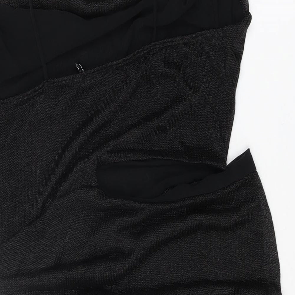Brand and care label for ASOS women’s black viscose bodycon, size UK 12, cowl neck pullover