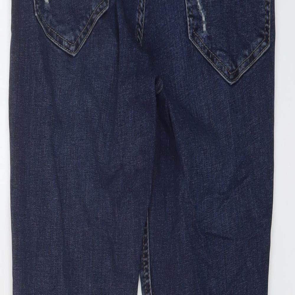 Brand and care label for Miss Selfridge women’s blue cotton skinny jeans, size UK 10, 28-inch leg regular button