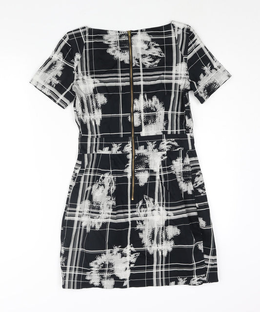 French Connection Womens Black Geometric Cotton Mini Size 10 Round Neck Zip - Pleat Detail