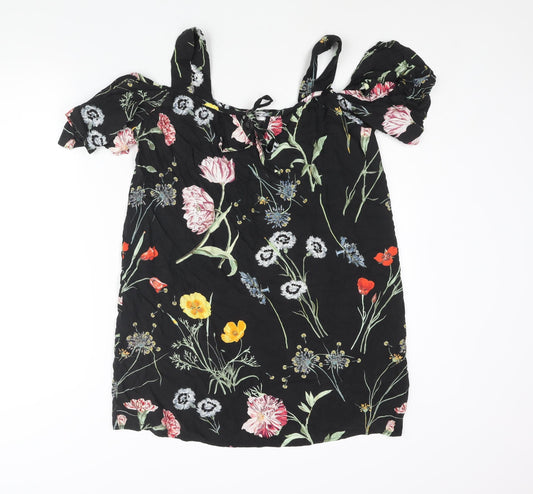 Additional front view of Paraphrase women’s black floral polyester mini, size UK 10, square neck tie - cold shoulder