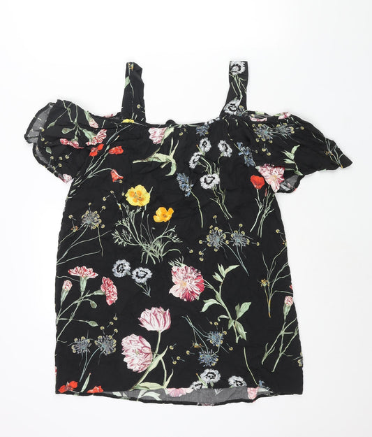 Paraphrase Womens Black Floral Polyester Mini Size 10 Square Neck Tie - Cold Shoulder