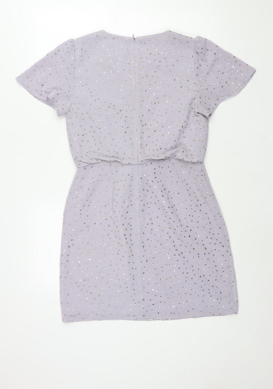 Oasis Womens Purple Polka Dot Polyester Sheath Size 10 Round Neck Zip - Glitter Tie Detail
