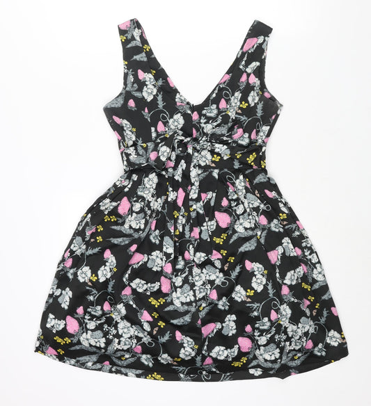 Monsoon Womens Black Floral Polyester A-Line Size 10 V-Neck Zip - Belted