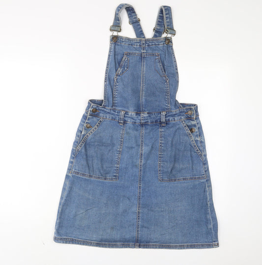 TU Womens Blue Cotton Pinafore/Dungaree Dress Size 10 Square Neck Button