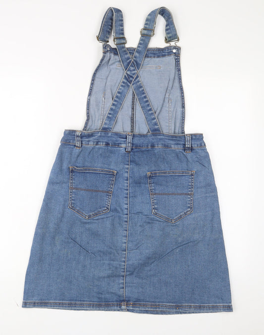 TU Womens Blue Cotton Pinafore/Dungaree Dress Size 10 Square Neck Button