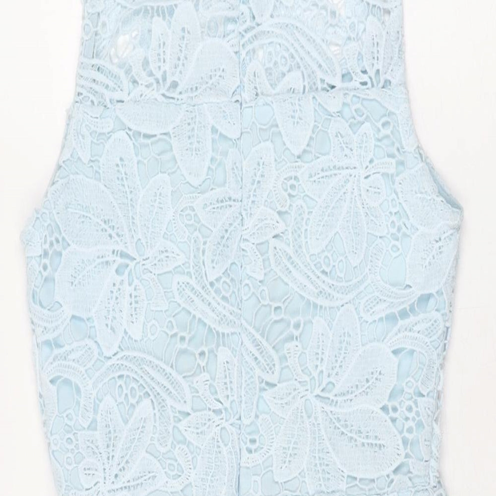 PRETTYLITTLETHING Womens Blue Floral Polyester Bodycon Size 8 High Neck Zip