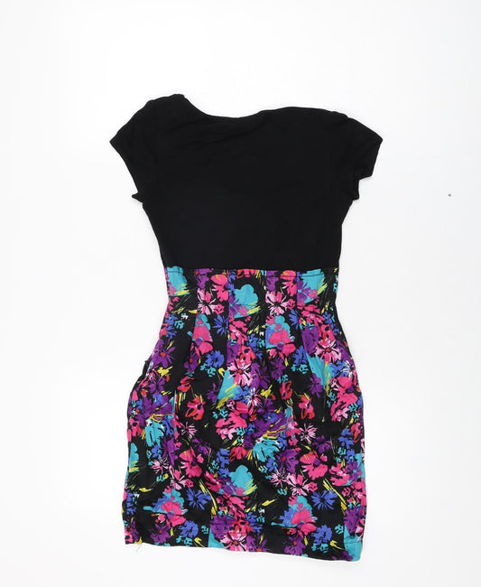 Miss Selfridge Womens Black Floral Viscose Mini Size 4 Scoop Neck Zip