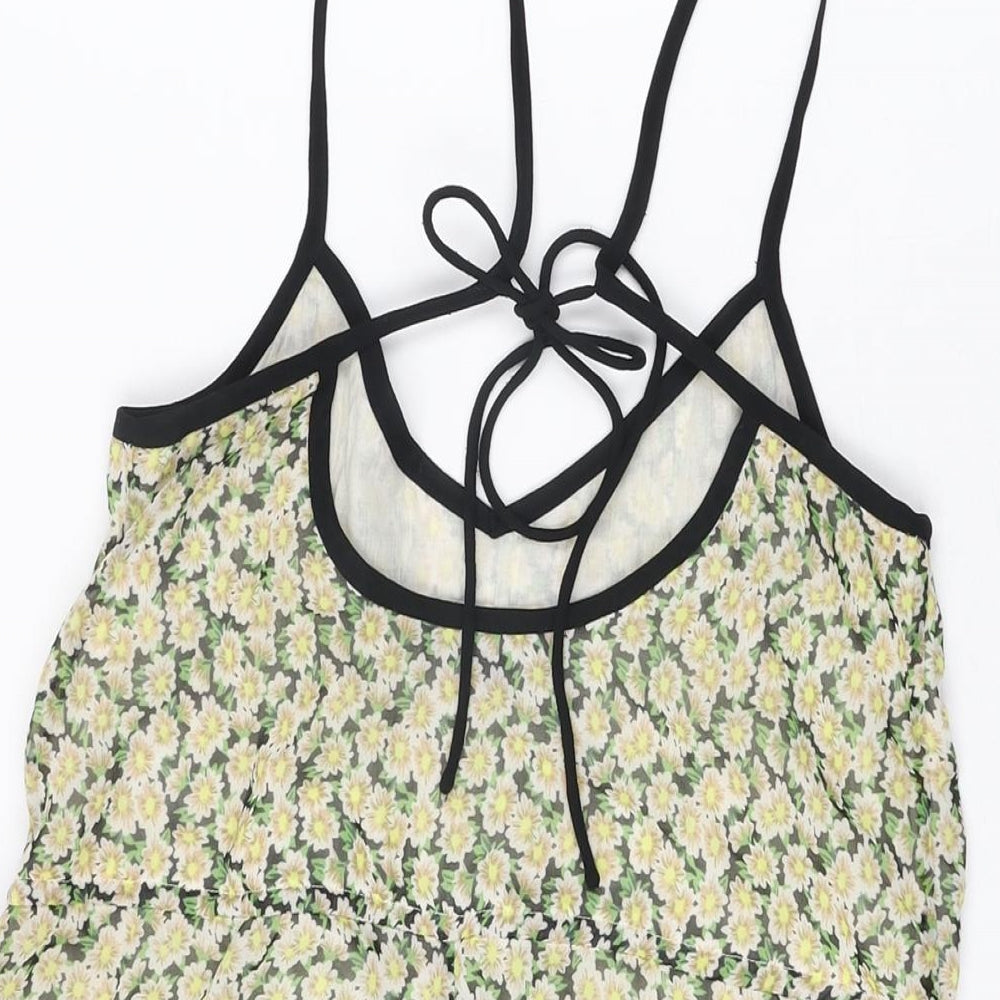 Brand and care label for French Connection women’s multicoloured floral cotton playsuit one-piece, size XS, 3-inch leg tie