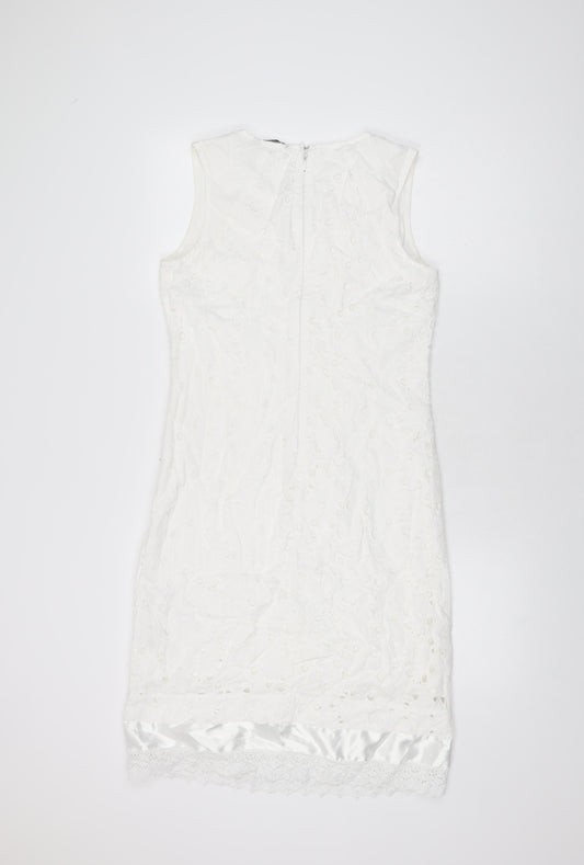 Marks and Spencer Womens White Geometric Cotton Shift Size 10 Round Neck Zip