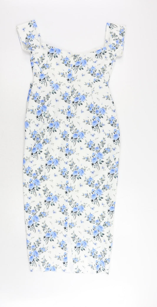 River Island Womens White Floral Polyester Sheath Size 12 V-Neck Zip