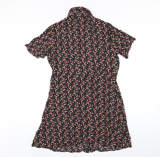 Pieces Womens Black Floral Viscose Shirt Dress Size L Collared Button