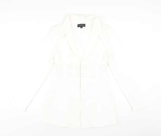 Additional front view of In the Style women’s white polyester jacket dress, size UK 10, collared hook & eye