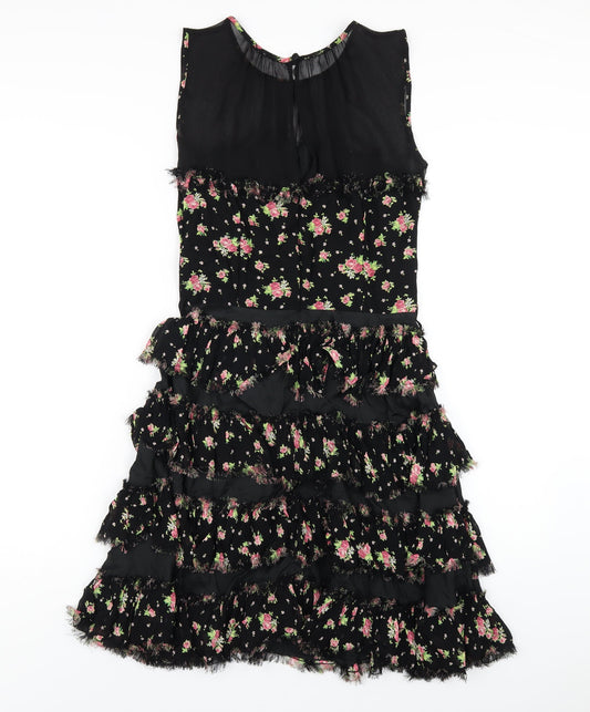 Topshop Womens Black Floral Viscose A-Line Size 10 Round Neck Zip