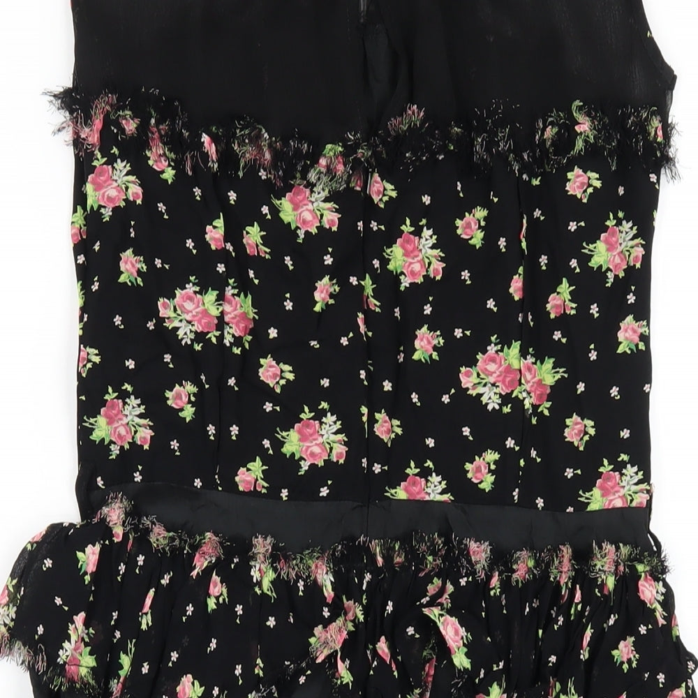 Topshop Womens Black Floral Viscose A-Line Size 10 Round Neck Zip