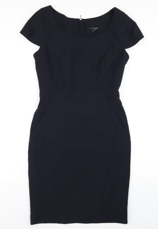 Additional front view of Dunnes women’s blue polyester pencil dress, size UK 8, scoop neck zip