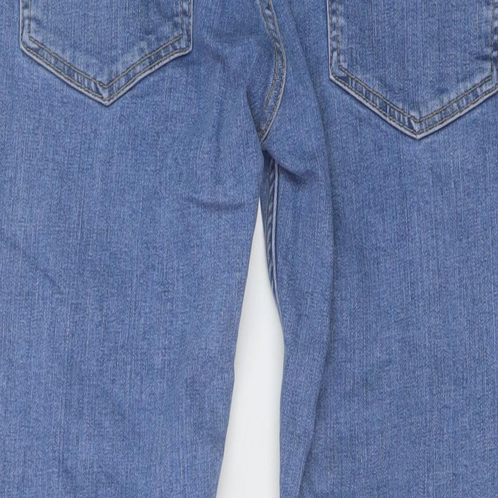 Brand and care label for French Connection men’s blue cotton skinny jeans, size 30, in, 32-inch leg slim button