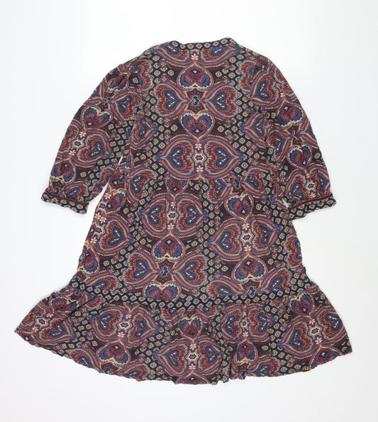 Monsoon Womens Multicoloured Geometric Cotton Shift Size S V-Neck Button - Smocked