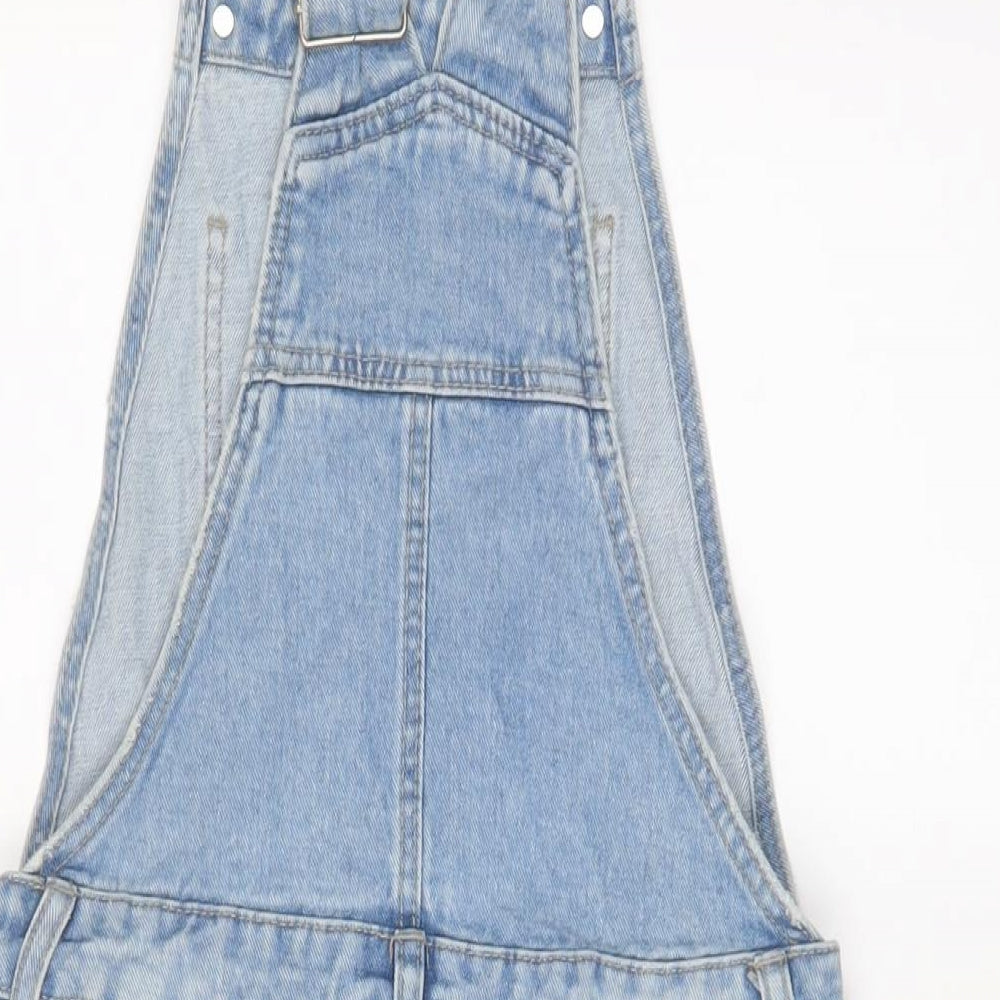 Brand and care label for Denim & Co. women’s blue cotton playsuit one-piece, size UK 6, 3-inch leg button - distressed