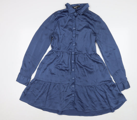 Additional front view of Missguided women’s blue polyester shirt dress, size UK 12, collared button