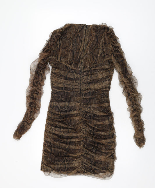 Zara Womens Brown Animal Print Polyester Bodycon Size S V-Neck Zip