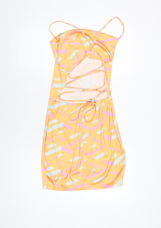 NaaNaa Womens Orange Geometric Polyester Mini Size 8 Cowl Neck Zip