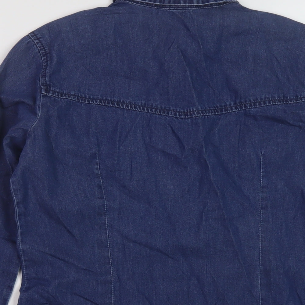 Brand and care label for Denim & Co. women’s blue cotton basic button-up, size UK 8, collared