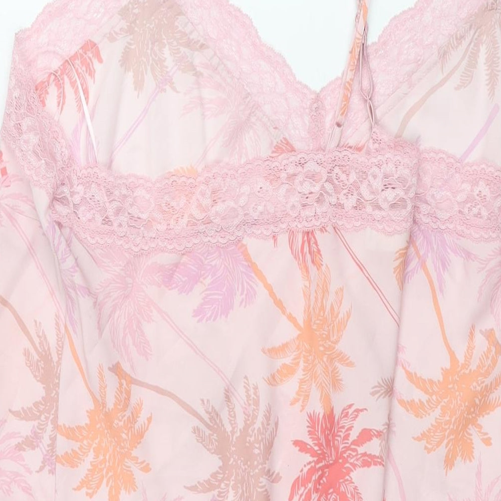 Marks and Spencer Womens Pink Geometric Polyester Cami Dress Size 36 - Lace Trim Palm Tree Print