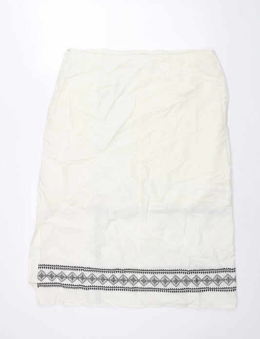 Marks and Spencer Womens Ivory Cotton Straight & Pencil Skirt Size 20 Zip - Embroidered Detail Side Slit