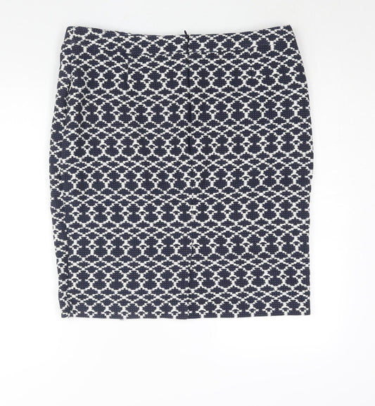 Marks and Spencer Womens Blue Geometric Cotton Straight & Pencil Skirt Size 18 Zip - Raw Edge